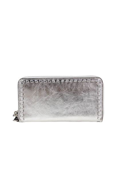 Rebecca Minkoff Womens Leather Metallic Full Zipped Wallet Silver