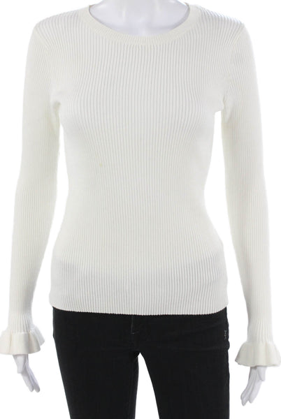 T Tahari Women Basic Rayon White Long Sleeve Round Neck Blouse Size M