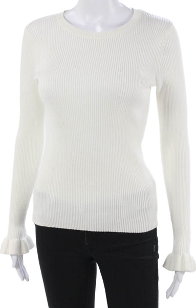T Tahari Women Basic Rayon White Long Sleeve Round Neck Blouse Size M