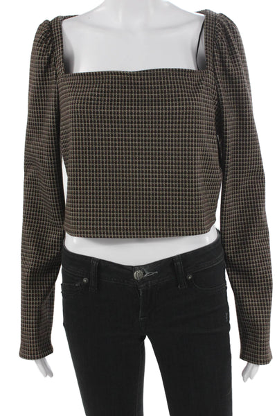 House of Harlow 1960 Women Crop Check Square Neck Blouse Brown Size L