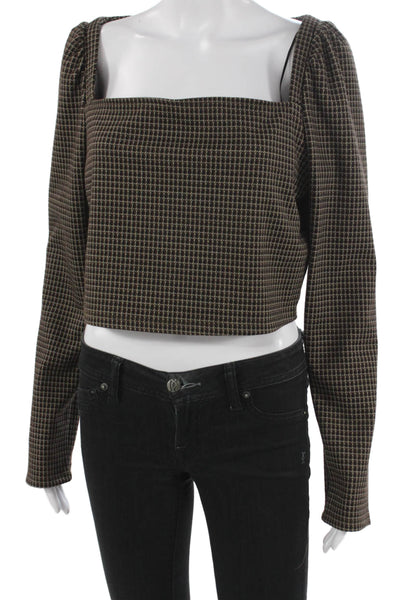 House of Harlow 1960 Women Crop Check Square Neck Blouse Brown Size L