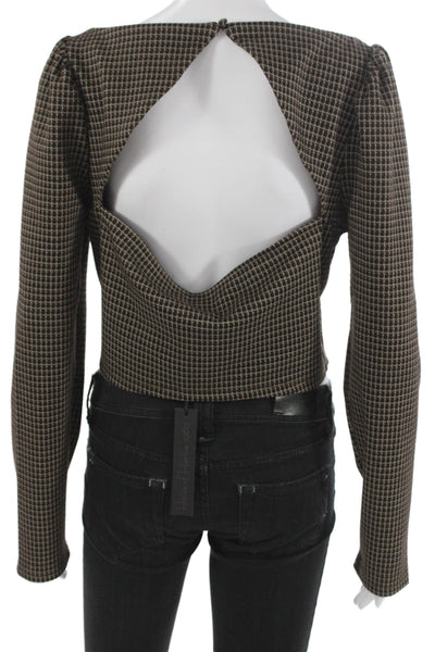 House of Harlow 1960 Women Crop Check Square Neck Blouse Brown Size L