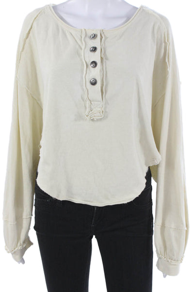 We The Free Women Basic Henley Long Sleeve Cotton T-Shirt Beige Size XS