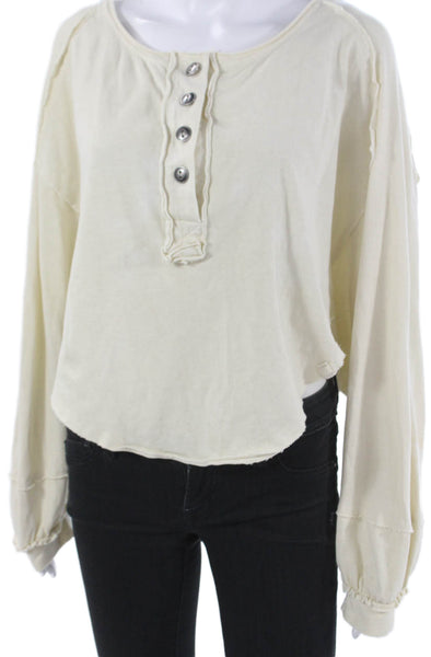 We The Free Women Basic Henley Long Sleeve Cotton T-Shirt Beige Size XS