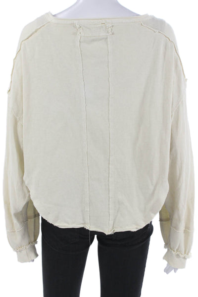 We The Free Women Basic Henley Long Sleeve Cotton T-Shirt Beige Size XS