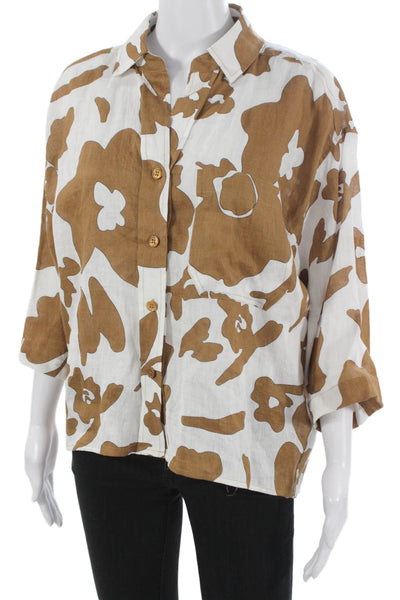 Magaschoni Women Basic Linen Collared 3/4 Sleeve Button-Up White Size S