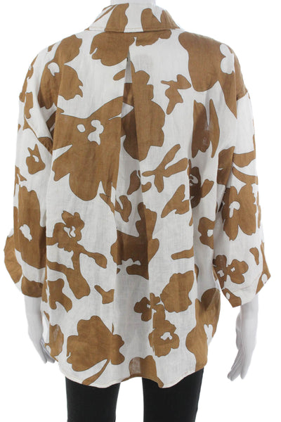 Magaschoni Women Basic Linen Collared 3/4 Sleeve Button-Up White Size S