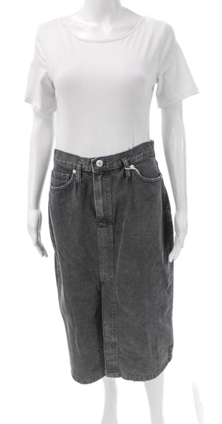 MNG Women Gray Denim Straight Pencil Skirt Button Midi Size M