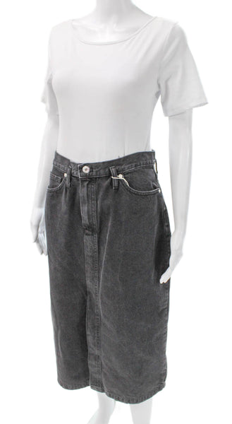 MNG Women Gray Denim Straight Pencil Skirt Button Midi Size M
