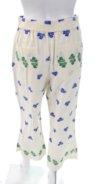 Zara Women Ivory Floral Cropped Cotton Pants Size M