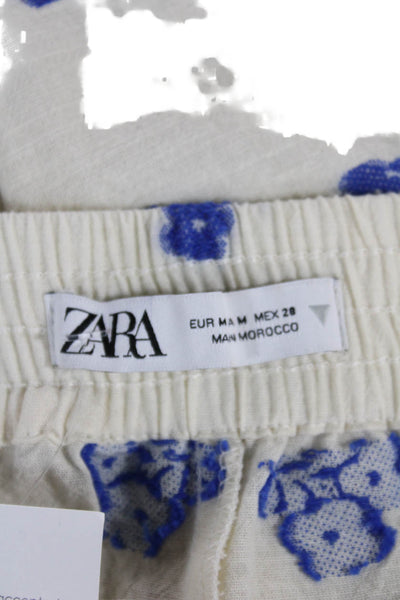 Zara Women Ivory Floral Cropped Cotton Pants Size M