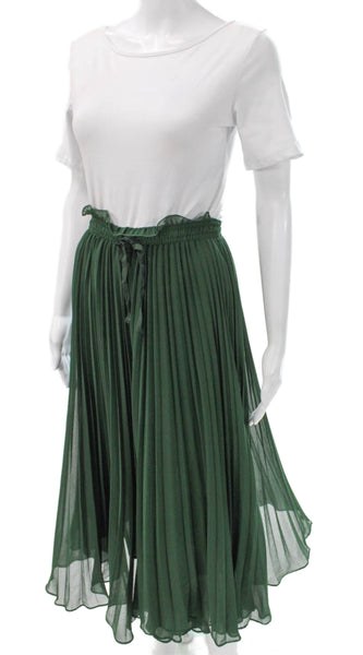 Zara Womens Pleated Long Green Polyester Drawstring Skirt Size XS