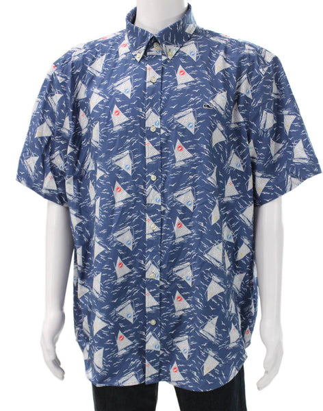 Vineyard Vines Mens Blue Graphic Collared Short Sleeve Button-Up Shirt Size 2XL