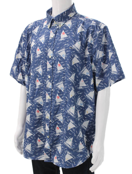 Vineyard Vines Mens Blue Graphic Collared Short Sleeve Button-Up Shirt Size 2XL