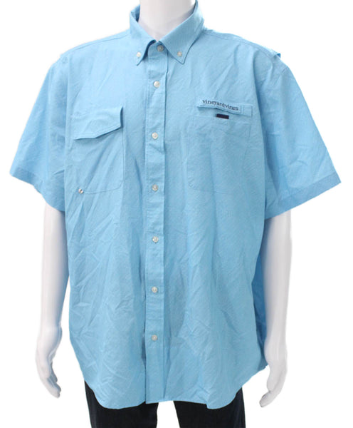 Vineyard Vines Mens Short Sleeve Button-Up Shirt Herringbone Blue Size 2XL
