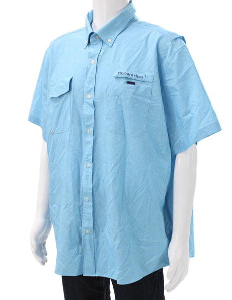 Vineyard Vines Mens Short Sleeve Button-Up Shirt Herringbone Blue Size 2XL