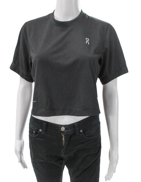On Cloud Women Cropped T-Shirt Black Crew Neck Short Sleeve Polyester Size XS
