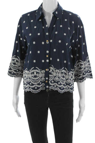 Zara Women Basic Floral Cotton Collared 3/4 Sleeve Blouse Blue Size S