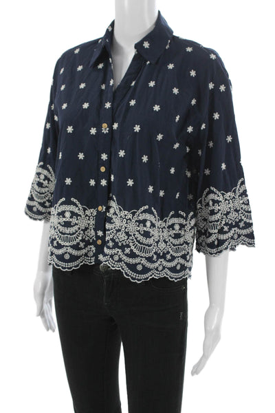 Zara Women Basic Floral Cotton Collared 3/4 Sleeve Blouse Blue Size S