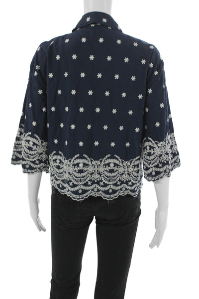 Zara Women Basic Floral Cotton Collared 3/4 Sleeve Blouse Blue Size S