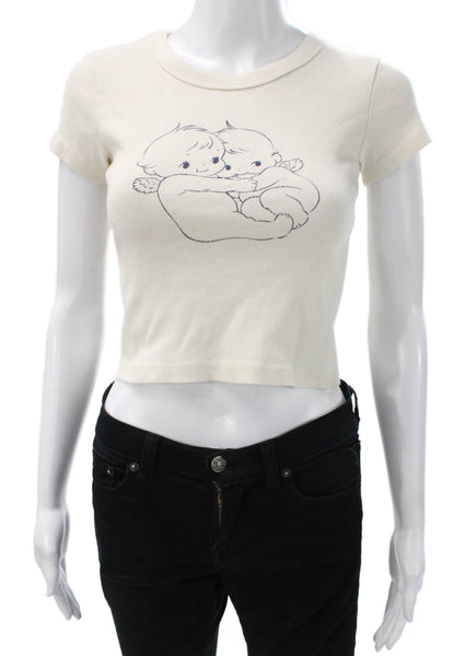 John Galt Womens Cropped Ivory Cotton Crew Neck Short Sleeve T-Shirt Size M