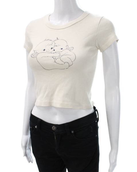 John Galt Womens Cropped Ivory Cotton Crew Neck Short Sleeve T-Shirt Size M