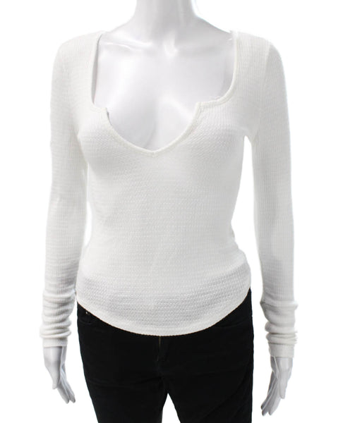 PJ Salvage Women V-Neck Long Sleeve Viscose White Basic T-Shirt Size XS