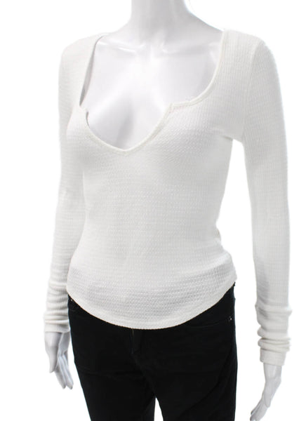 PJ Salvage Women V-Neck Long Sleeve Viscose White Basic T-Shirt Size XS