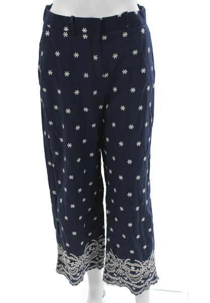 Zara Womens Cropped Floral Cotton Pants Blue Zip Size M
