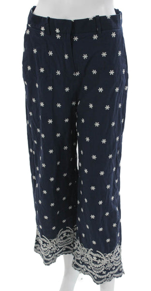 Zara Womens Cropped Floral Cotton Pants Blue Zip Size M