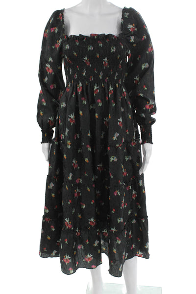 Hill House Women Trapeze Dress Black Floral Midi Square Neck Longsleeve Size XS