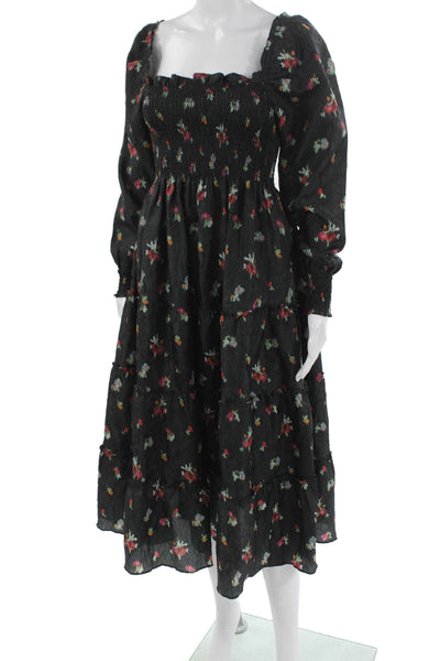 Hill House Women Trapeze Dress Black Floral Midi Square Neck Longsleeve Size XS