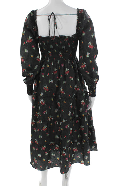 Hill House Women Trapeze Dress Black Floral Midi Square Neck Longsleeve Size XS