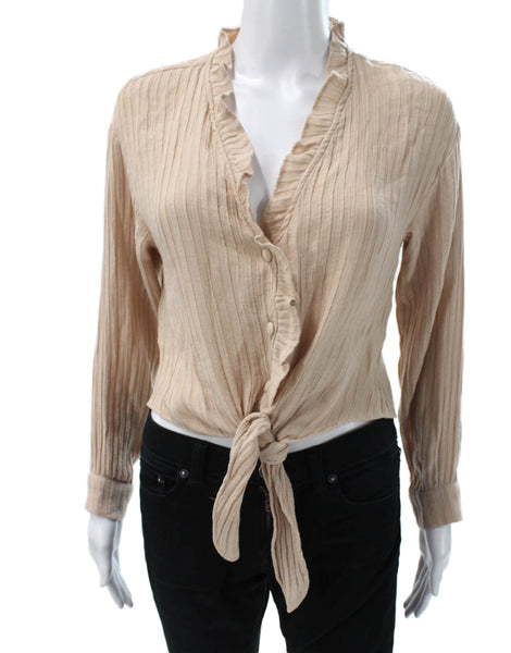 Zara Women Cropped V-Neck Long Sleeve Beige Polyester Blouse Size XS