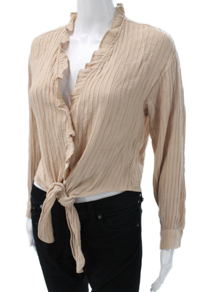 Zara Women Cropped V-Neck Long Sleeve Beige Polyester Blouse Size XS