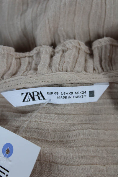 Zara Women Cropped V-Neck Long Sleeve Beige Polyester Blouse Size XS