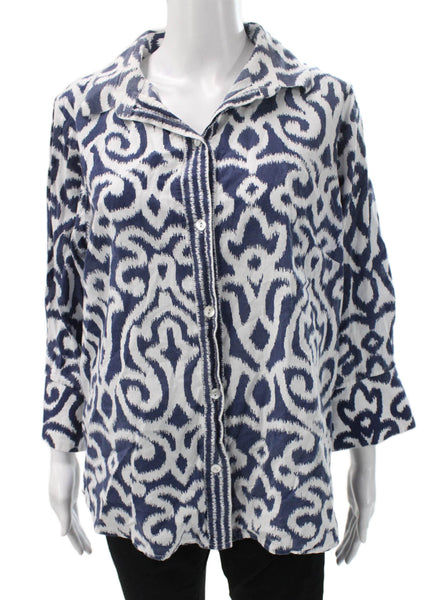 Gretchen Scott Women Tunic Button Up Blue Geometric Cotton Size M