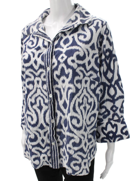 Gretchen Scott Women Tunic Button Up Blue Geometric Cotton Size M