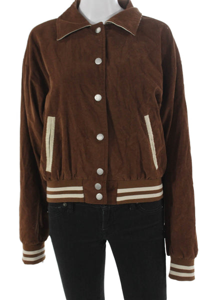 Isalis Women Varsity Jacket Brown Cotton Long Sleeve Button Size M