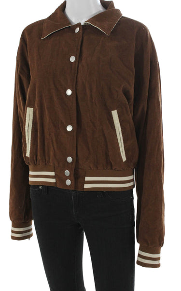 Isalis Women Varsity Jacket Brown Cotton Long Sleeve Button Size M