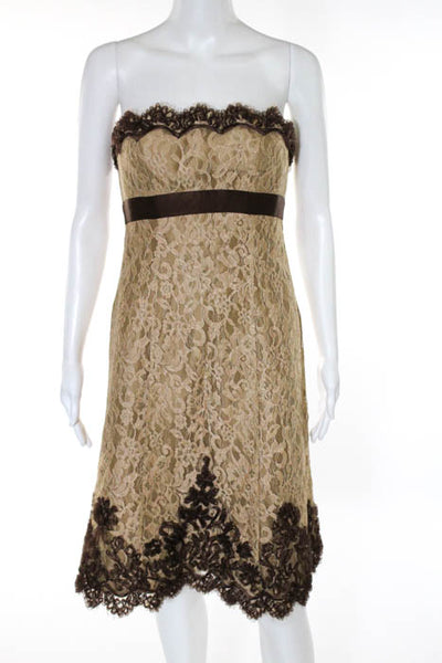 Badgley Mischka Brown Tan Strapless Ruched Lace Dress Size 2