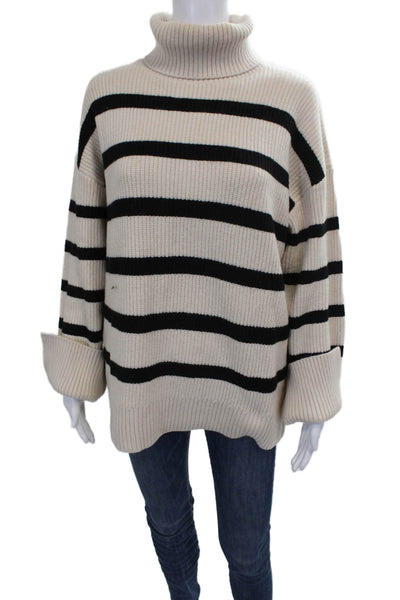 Zara Womens Pullover Sweater Beige Striped Turtleneck Long Sleeve Size M