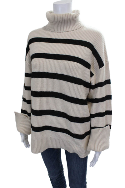 Zara Womens Pullover Sweater Beige Striped Turtleneck Long Sleeve Size M
