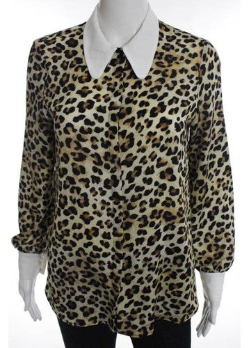 Trafaluc Brown White Leopard Print Long Sleeve Button Down Blouse Size Small
