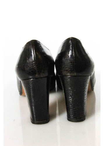 SALVATORE FERRAGAMO Brown Leather Embossed Round Toe Chunky Heel Pumps Sz 6.5