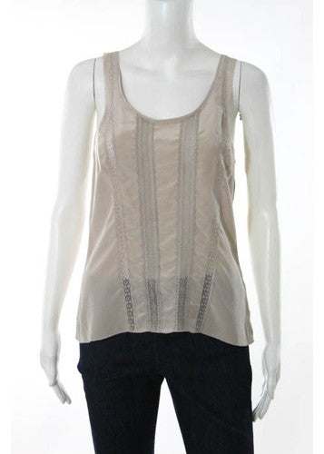 Of Two Minds Taupe Silk Lace Paneled Sleeveless Round Neck Blouse Size Petite