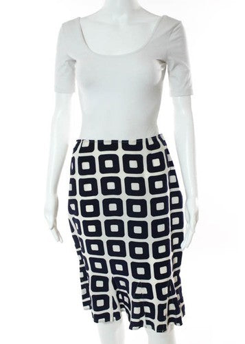 TIBI Navy Ivory Silk Geometric Print High Waist Flared Hem A-Line Skirt Sz 4