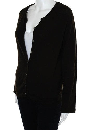 NWT CYNTHIA ROWLEY Dark Brown Long Sleeve Crew Neck Cardigan Wool Sweater Sz L