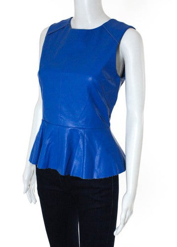 W118 BY WALTER BAKER Blue Faux Leather Sleeveless Peplum Top Sz XS