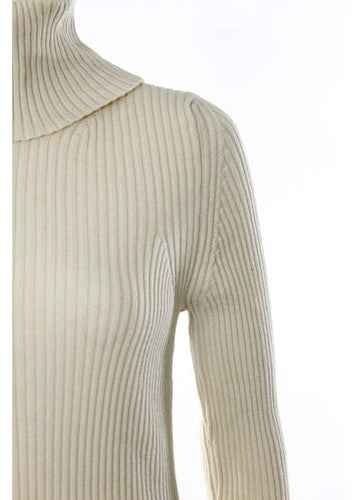 CHLOE Pale Yellow 100% Wool Ribbed Turtleneck Split Side Sweater Sz L